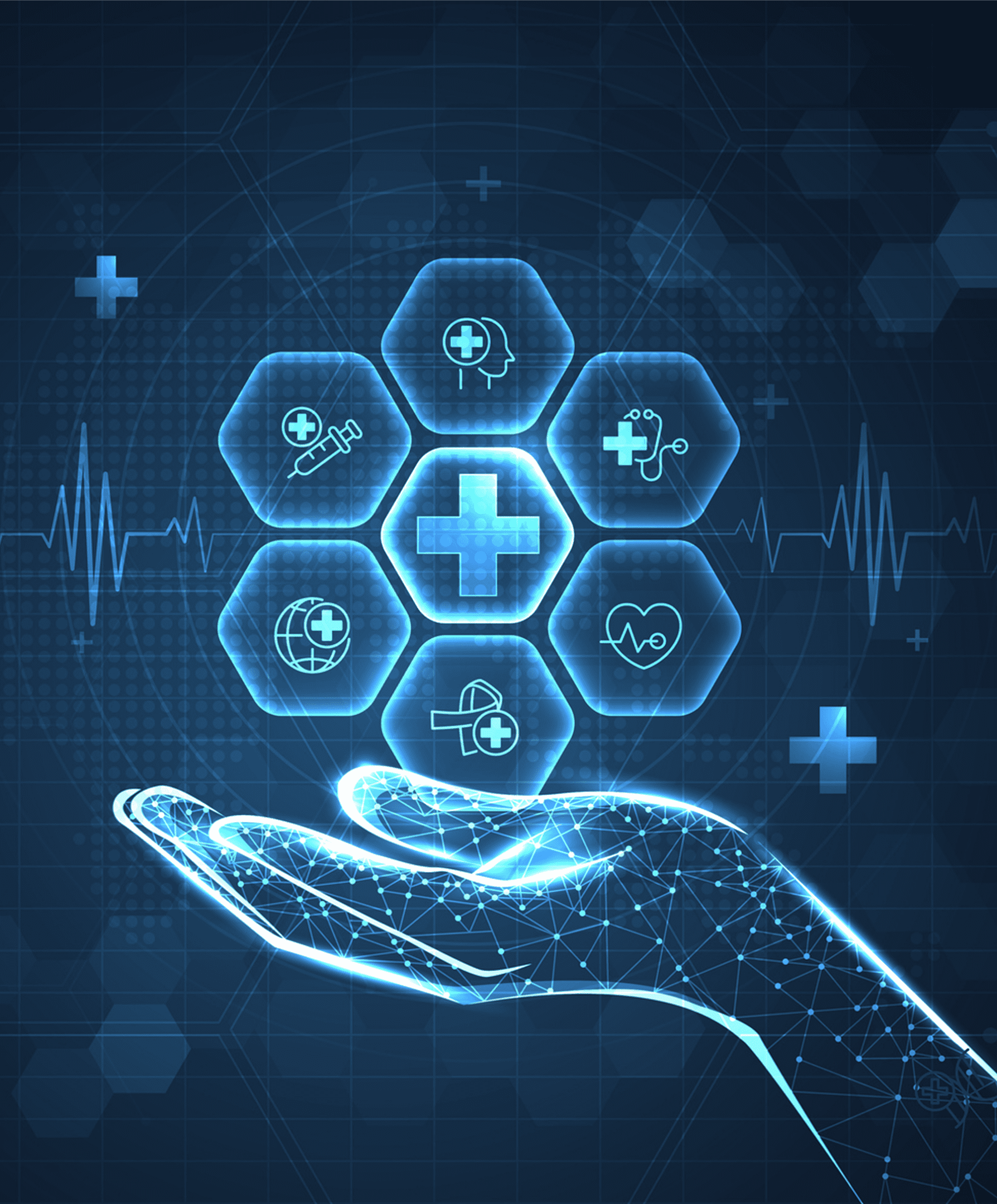 Futuristic digital healthcare icons above hand.