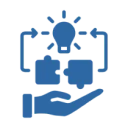 Puzzle pieces, lightbulb, and hand icon.