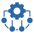 Blue gear with connected nodes diagram.