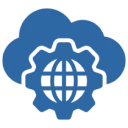 Cloud computing with globe and gear icon.